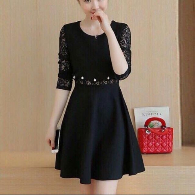 Đầm xòe phối ren công sở cực xinh eo thon gọn