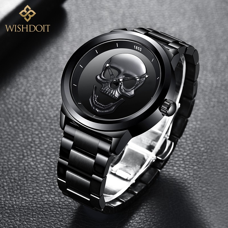 Đồng hồ đeo tay WISHDOIT chống thấm nước bằng inox họa tiết đầu lâu bộ máy thạch anh màu đen cá tính cho nam | BigBuy360 - bigbuy360.vn
