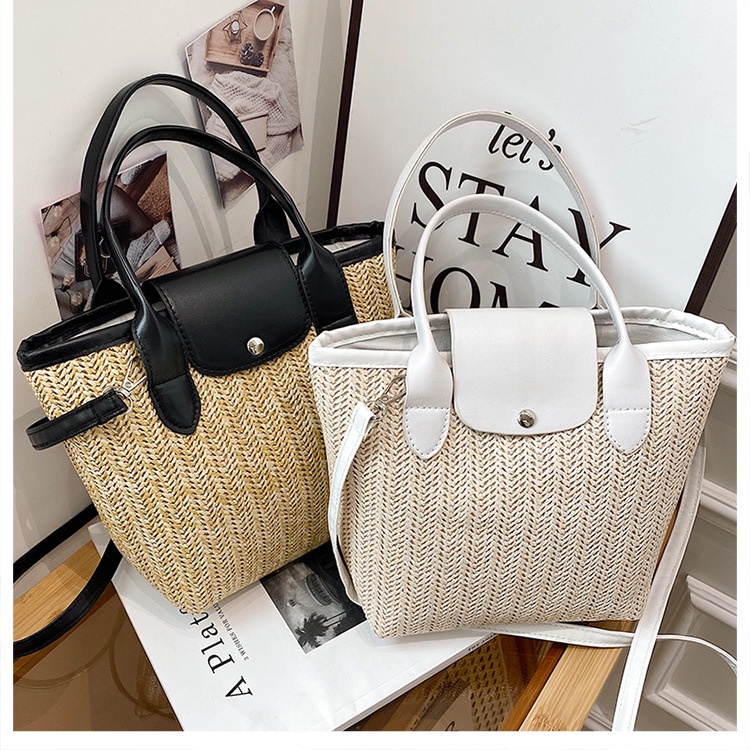 Túi xách JASMIN NOIR đan rơm dáng vuông cỡ lớn kiểu retro sang trọng cho nữ