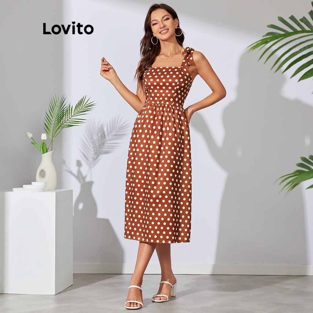 Lovito Đầm Hai Dây Dáng Dài Họa Tiết Chấm Bi Dễ Thương L29LD035 (Nâu)