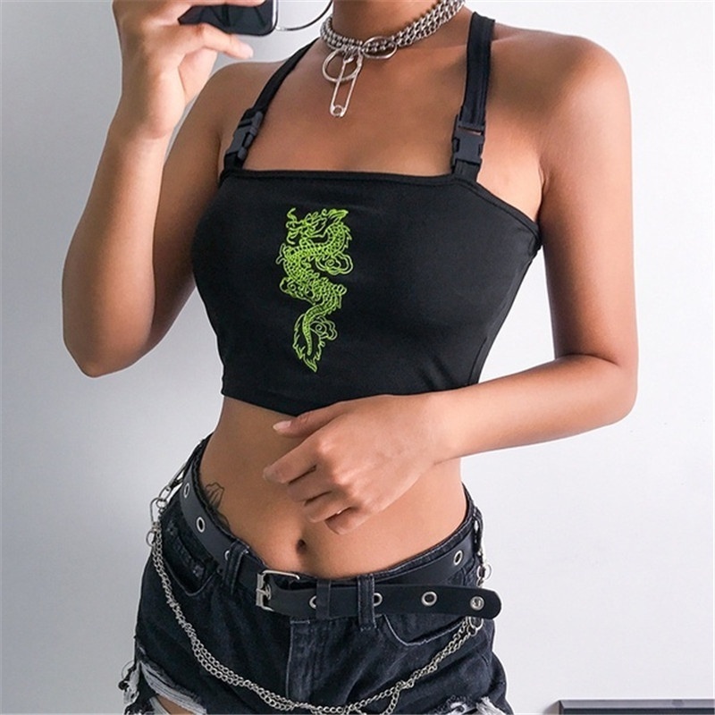 Áo croptop màu đen thêu hình rồng thời trang mùa hè 2019 quyến rũ cho nữ