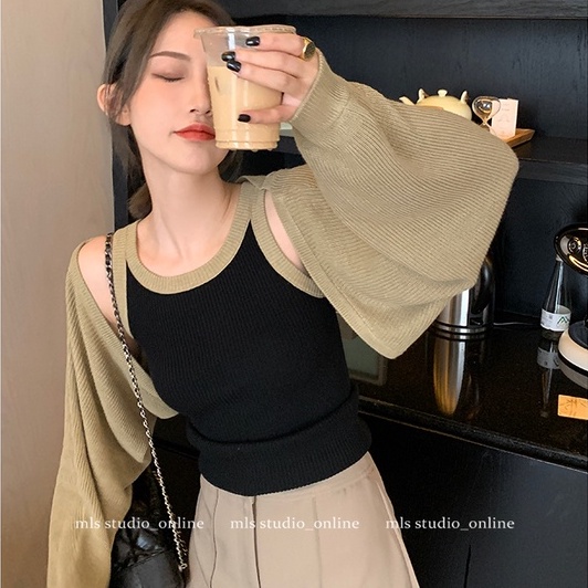 Áo croptop SUXI dệt kim tay dài thiết kế mới thời trang mùa thu phong cách Hàn Quốc