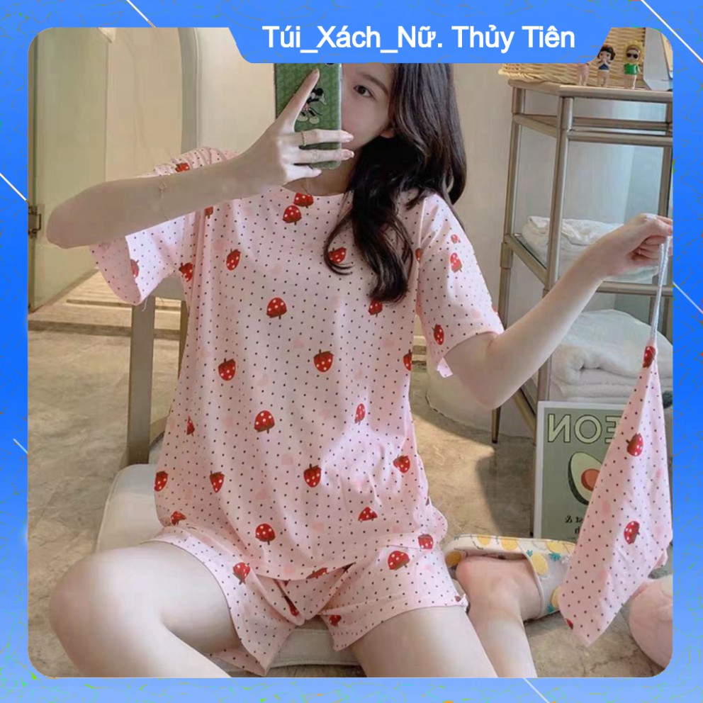 (Giá Gốc) BỘ NGỦ CỘC TAY HÌNH QUẢ ĐÀO - BỘ MẶC NHÀ CHẤM BI TRÁI DÂU ULZZANG -👗TTshop👑