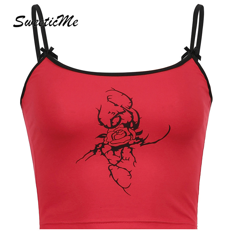 SweeticMe Women's 2021 New Rose Print Contras Bow Sexy Slim Vest