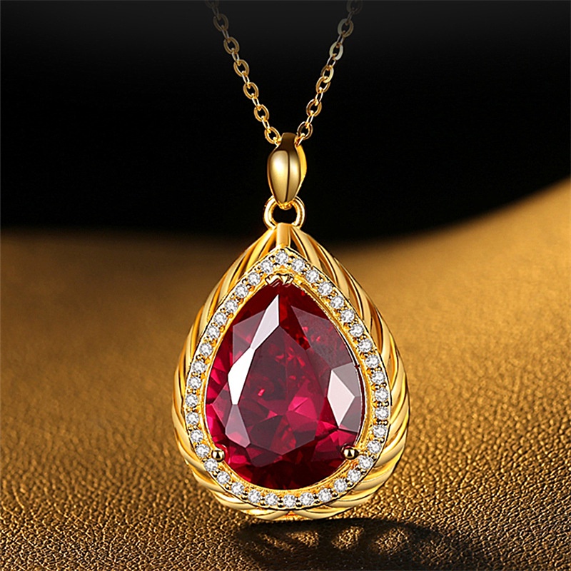 Dây Chuyền Mạ Vàng Mặt Ngọn Lửa Đính Đá Ruby Hình Giọt Nước Nhiều Màu Sắc