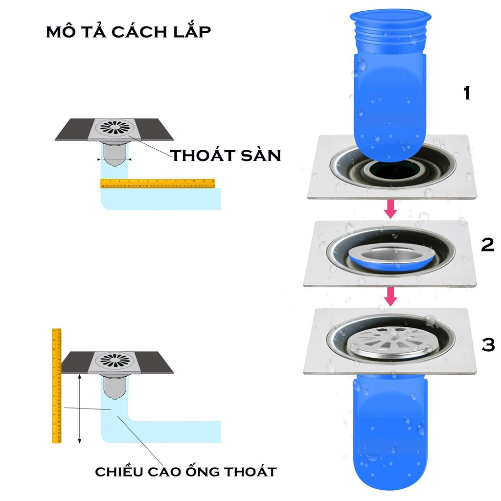 Combo 3 bộ chặn mùi nắp cống, ngăn trào ngược, ngăn côn trùng silicon nắp kim loại