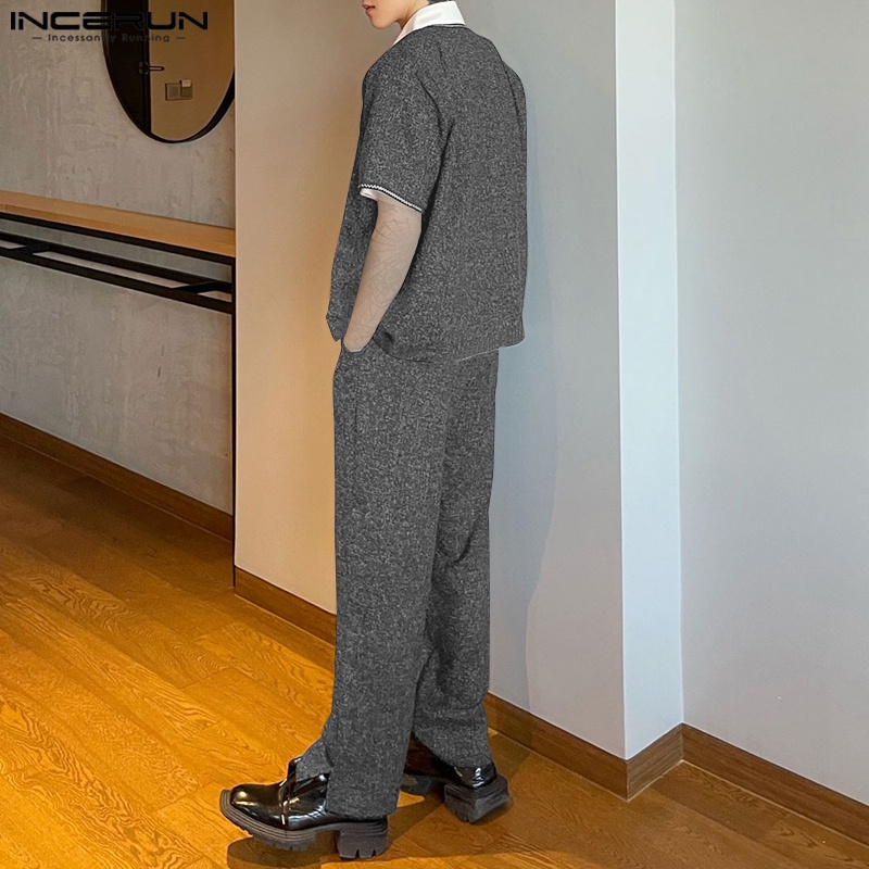 Set đồ INCERUN gồm áo sơ mi ngắn tay và quần baggy dài màu trơn thời trang cho nam