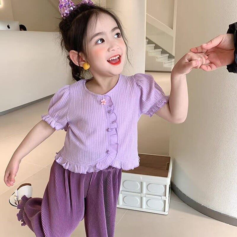 Áo Thun Cotton Mỏng Tay Ngắn Viền Xếp Nếp Màu Trơn Thời Trang Mùa Hè Cho Bé Gái 2-6 Tuổi