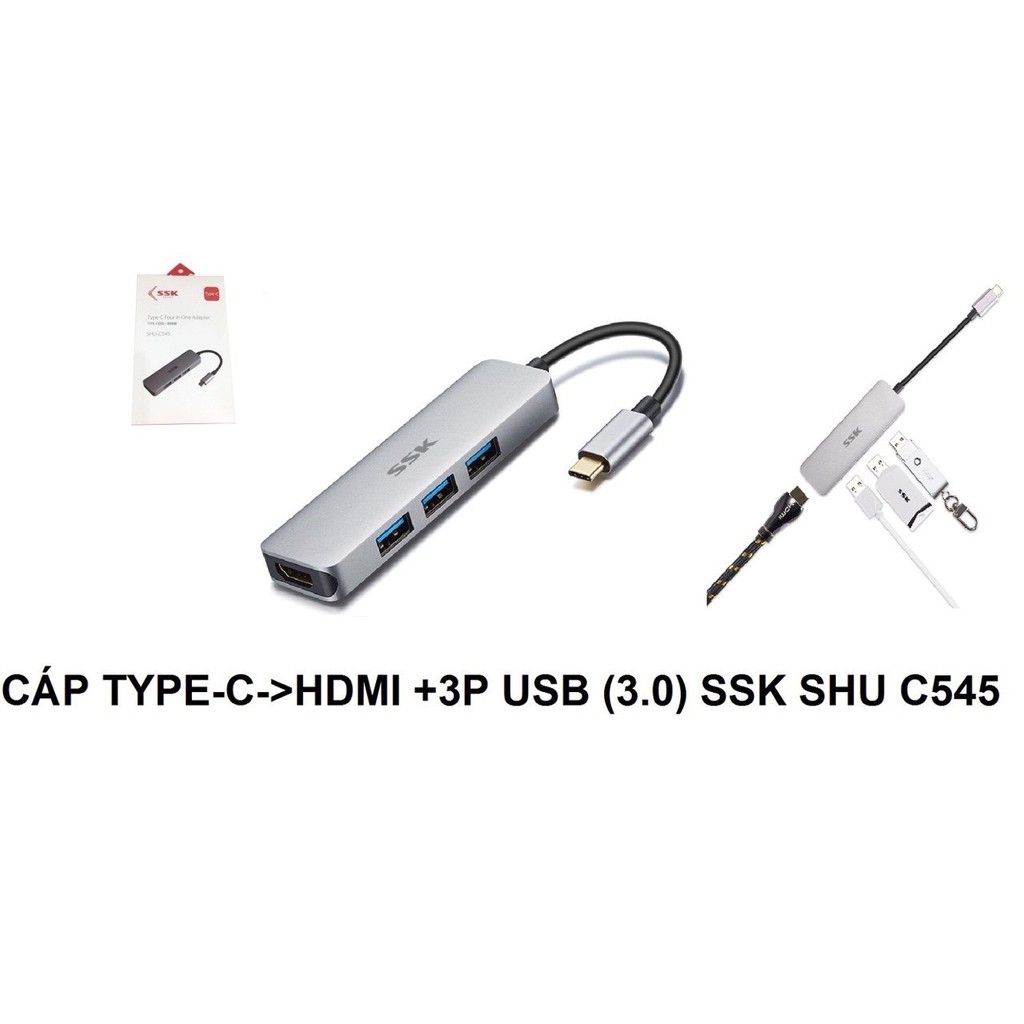 cáp SSK SHU C545 mở rộng tín hiệu từ  máy tính cổng Type C 3.1 ra 3 cổng USB 3.0 và màn hình HDMI 4K x 30Hz