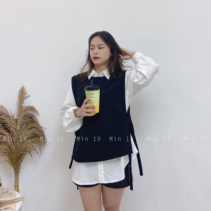 Sét Sơ Mi MIN19 Áo Sơ Mi Kiểu Hàn Quốc Dáng Dài Phối Gile Đen Freesize Tay Phồng  Form rộng Thời Trang