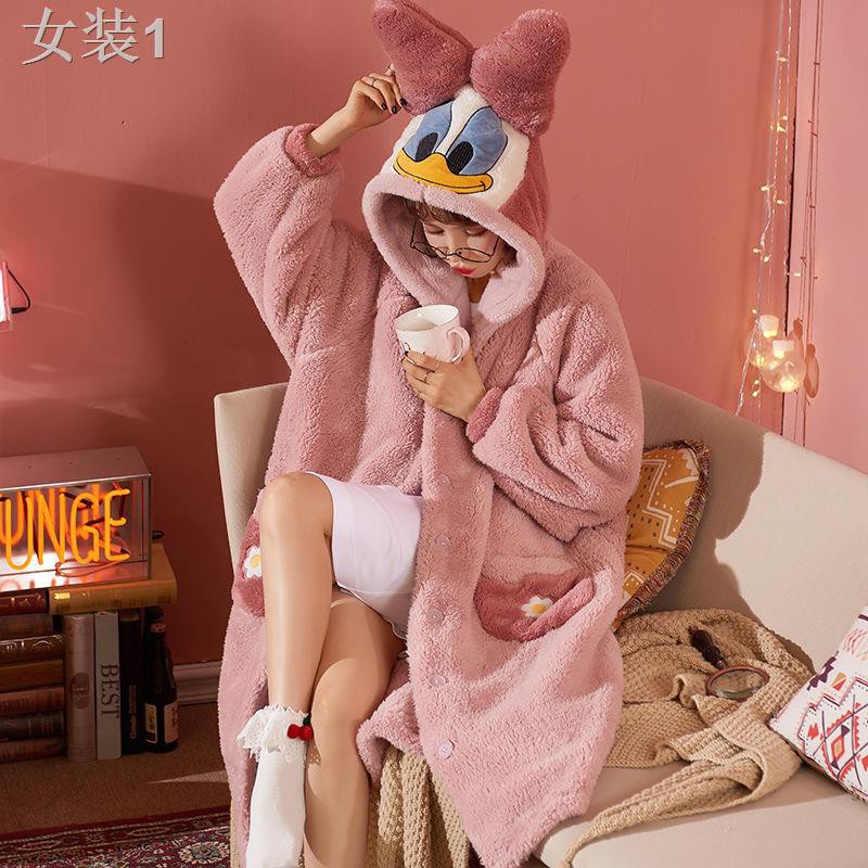 Bộ đồ ngủ bằng lông cừu màu san hô của phụ nữ mùa đông cộng với nhung dày dặn váy dài flannel có mũ trùm đầu dễ | BigBuy360 - bigbuy360.vn