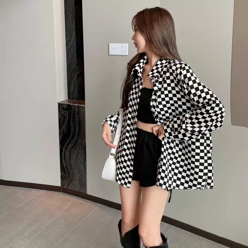 Áo Sơ Mi Nữ Dài Tay Dáng Rộng Họa Tiết Caro Phong Cách Hàn Quốc