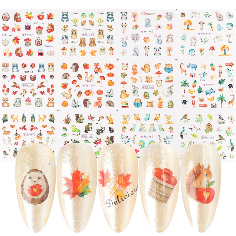 [Hàng mới về] Set 12 miếng dán họa tiết lá cây mùa thu/động vật tự trang trí móng tay nghệ thuật