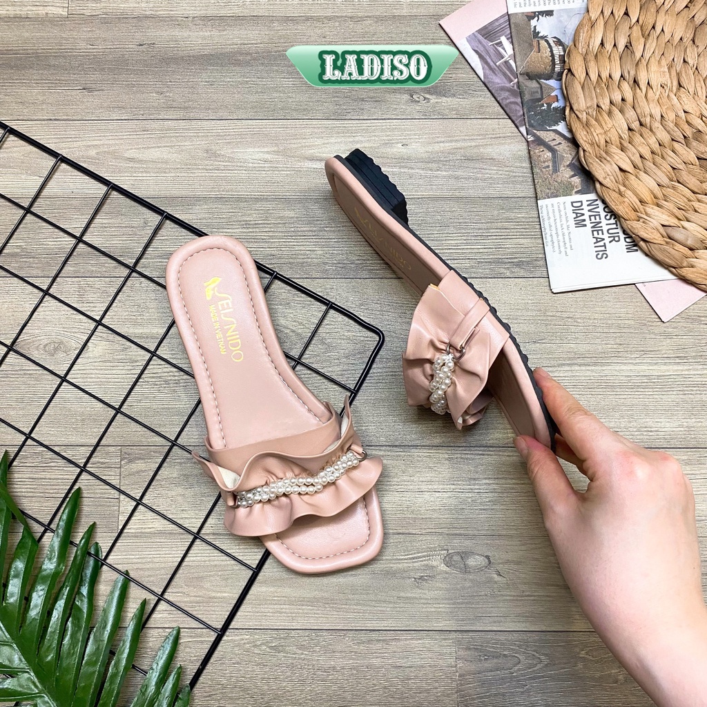 Dép nữ quai ngang kiểu bèo nhún đính hai chuỗi ngọc LADISO xinh xắn dễ thương hàng hot trend TT385