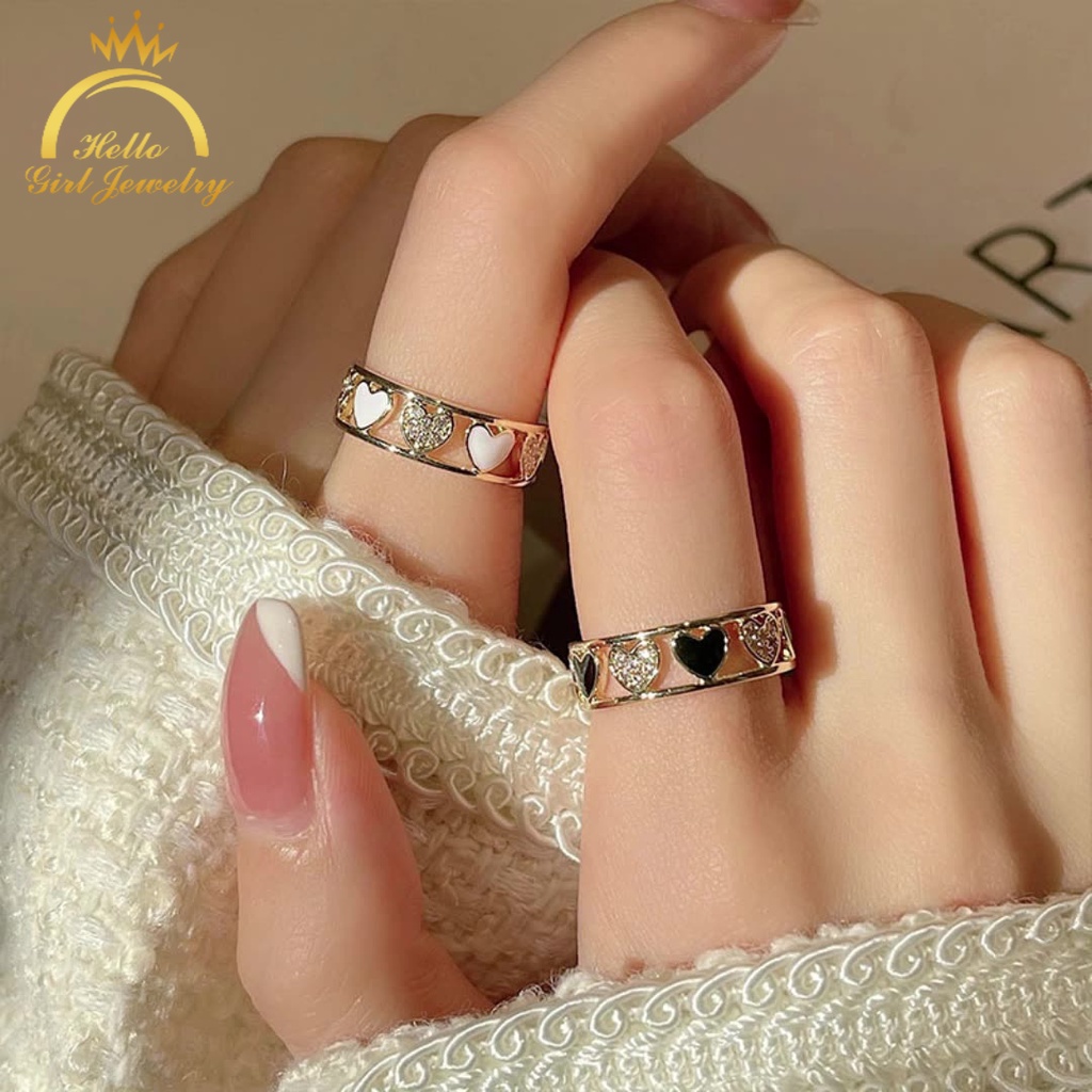 Nhẫn Đính Đá Hình Trái Tim Màu Trắng Đen Sang Trọng Thời Trang Cao Cấp Cho Nữ