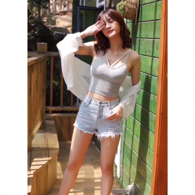 Áo lót bra cotton gân chéo ngực dáng lửng cá tính