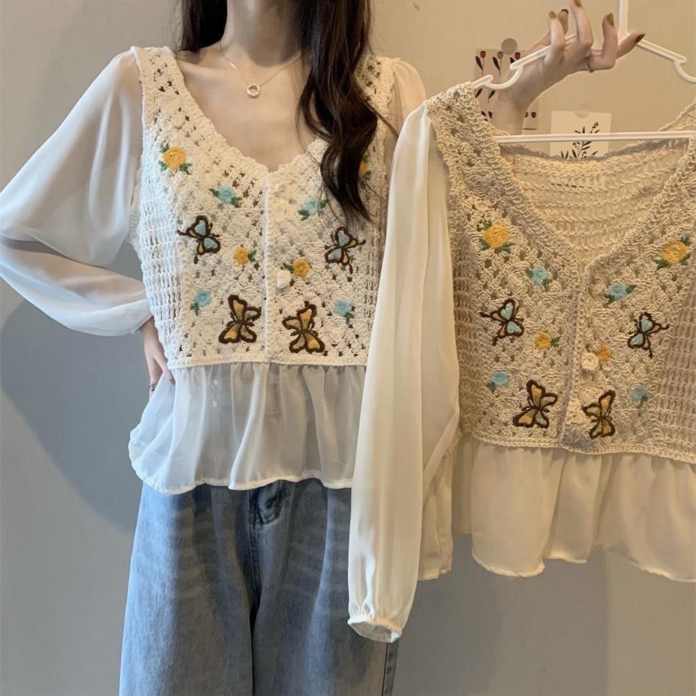 Áo Chiffon Dệt Kim Tay Dài Dáng Ngắn Thời Trang Mùa Hè Mới Dành Cho Nữ