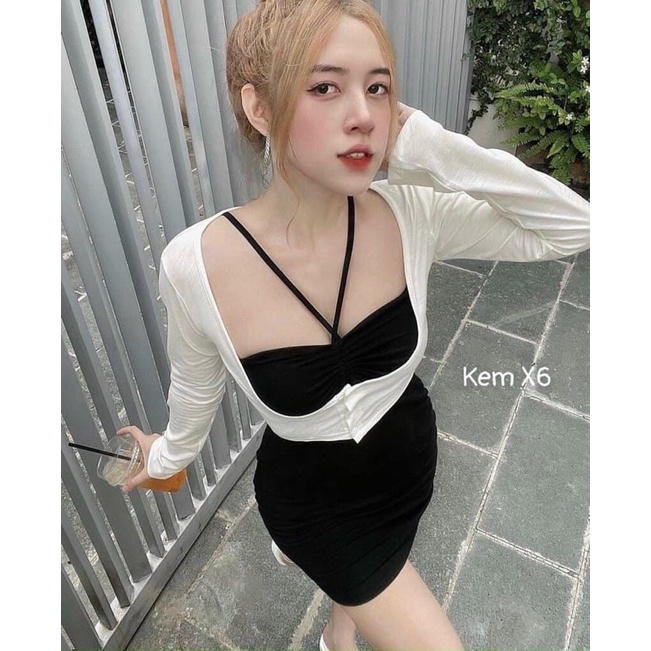 Set đầm body 4 dây kèm áo khoác ngoài cài nút eo cực xinh, chất thun gân dày dặn đi chơi