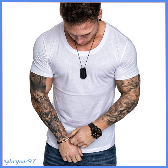 blue casual shirt white color Men T Shirt Summer Round Collar Short Sleeved Solid Color Casual Tops