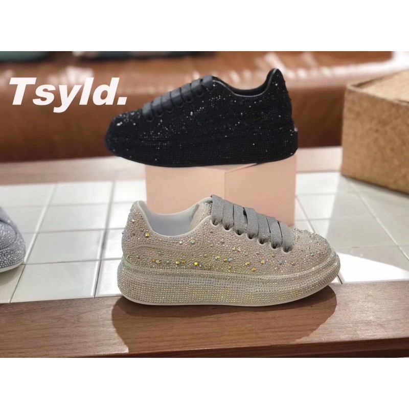 Giày Alexander McQueen thời trang hàng cao cấp thiết kế 2 màu mới nhất phong cách cổ điển có đính đá siêu lấp lánh