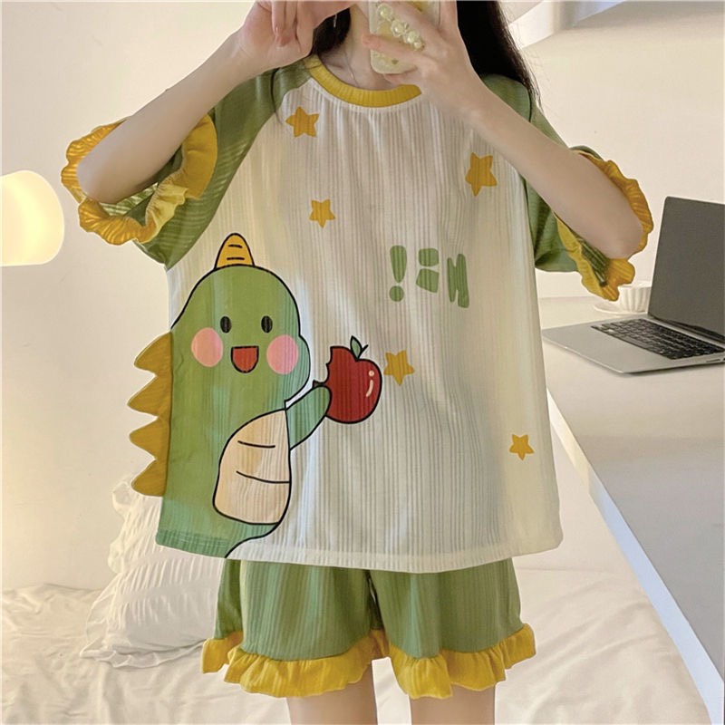 ( SẴN) Bộ Đồ Cotton Mặc Nhà Hình Khủng Long Xanh Siêu Cute Chất Cotton gân siêu mát Giá Ưu Đãi Hàng Taobao CC