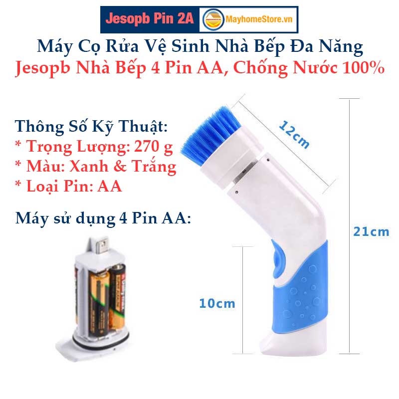 Máy Cọ Rửa Jesopb Nhà Bếp Đa Năng 4 Pin AA, Chống Nước 100% Với 2 Đầu Cọ Thay Thế