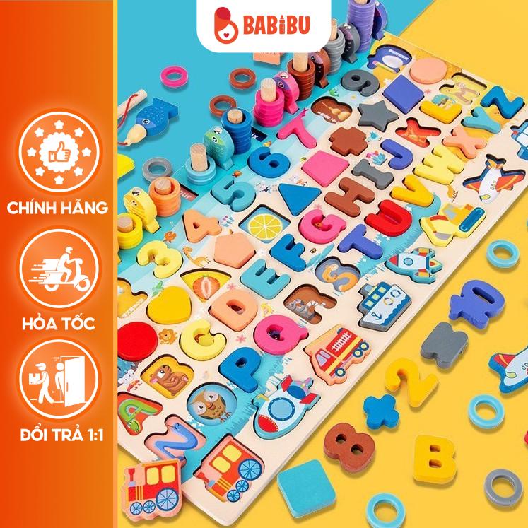 Đồ Chơi Gỗ Đa Năng 7in1 Cho Bé,Đồ Chơi Phát Triển Trí Tuệ - Câu Cá, Làm Toán,Học Chữ, Phương Tiện Giao Thông Babibu