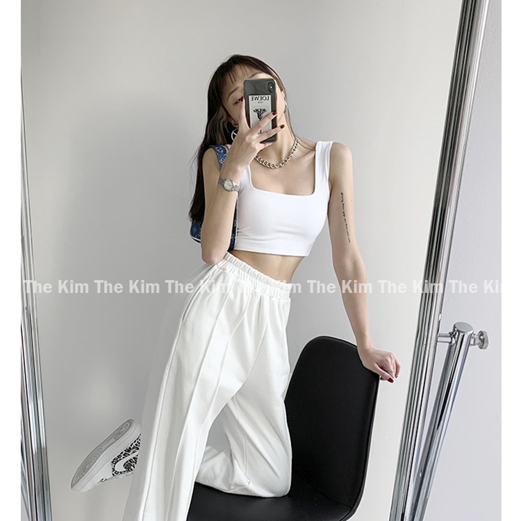 Áo thun croptop cổ vuông may 2 lớp vải cotton , 2 dây quai to dáng lửng ôm body The Kim A113