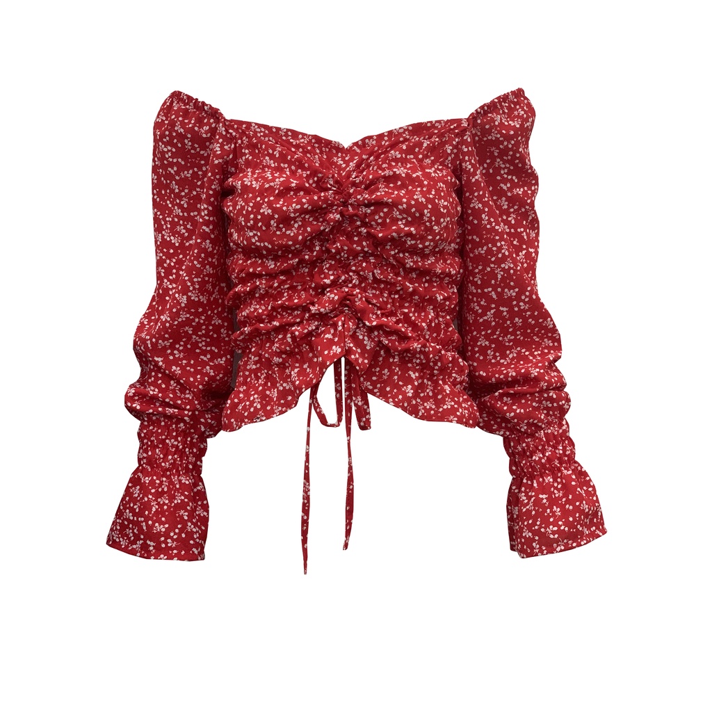 Áo Nữ Cao Cấp Cổ Vuông Dáng Croptop Họa Tiết Hoa Nhí May Nhún Phối Tay Bồng