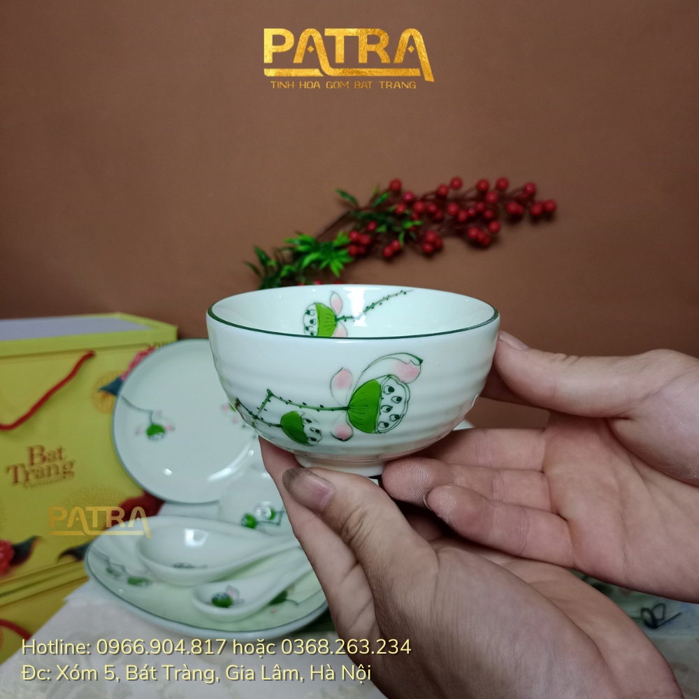 Bộ bát đĩa sứ Bát Tràng, bộ chén dĩa men kem họa tiết đài sen cao cấp 13 chi tiết, có bán các món lẻ