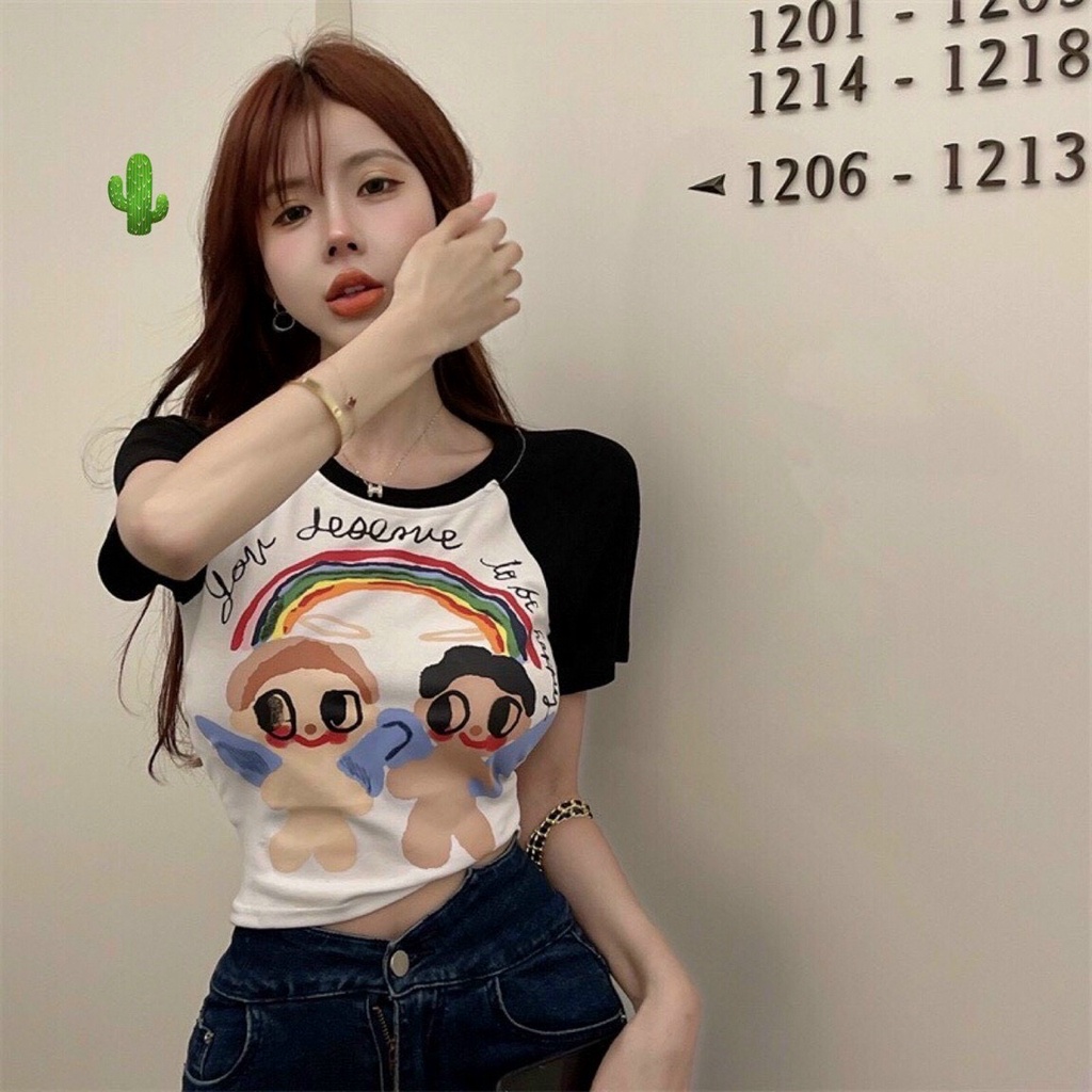 Áo thun nữ in hình họa tiết 2 thiên thần dáng croptop tay ngắn cổ tròn hot PC45