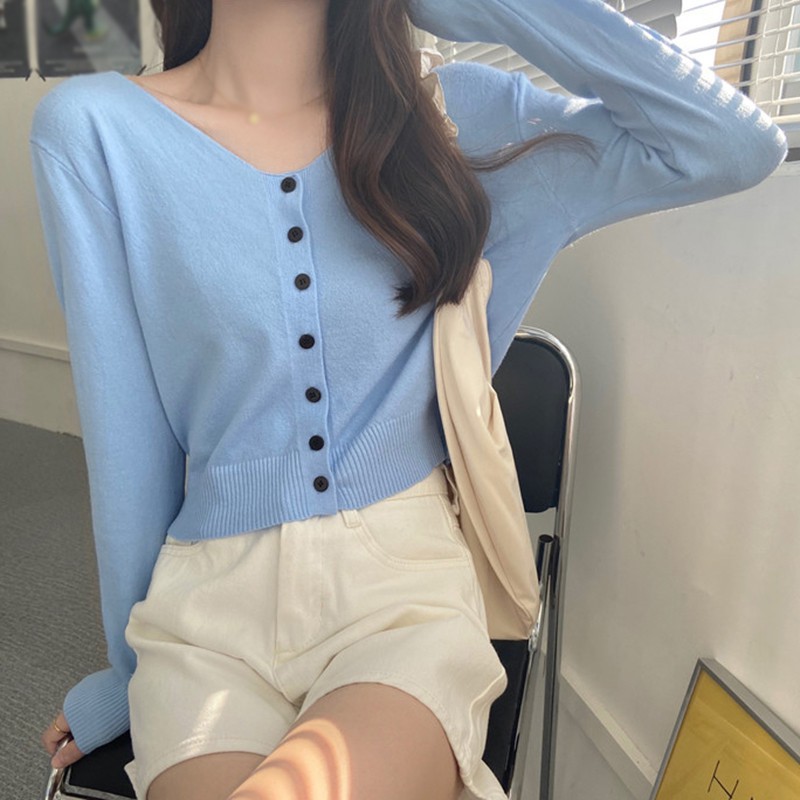 Áo Cardigan Dệt Kim Tay Dài Thiết Kế Cổ Chữ V Thanh Lịch