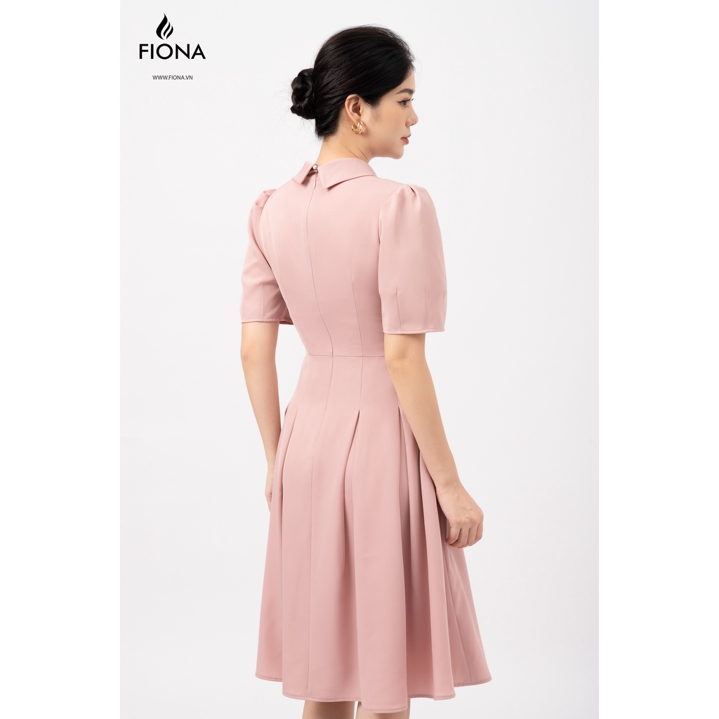 Đầm nữ dáng xòe, đầm thiết kế lá cổ lệch cài hoa tay và tùng xếp ly FIONA F451365