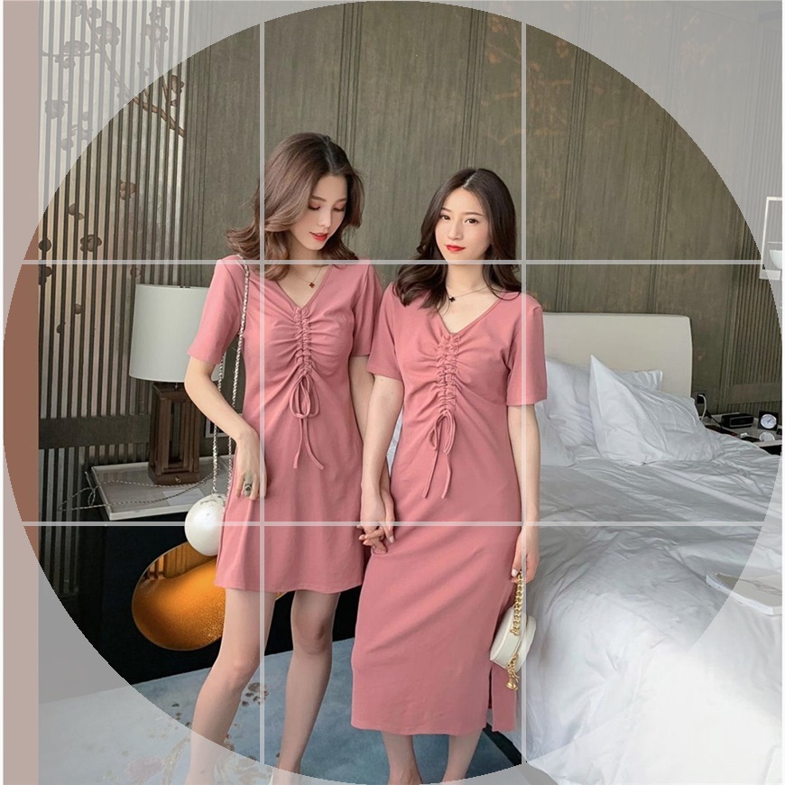 Đầm Thun Tay Ngắn Cổ Chữ V Xếp Ly Dáng Ôm Phong Cách Hàn Quốc Thời Trang Mùa Hè Hàng Mới Dành Cho Bạn Nữ 2022