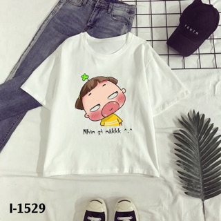 Áo thun nữ tay lỡ in icon Nhìn gì nakk