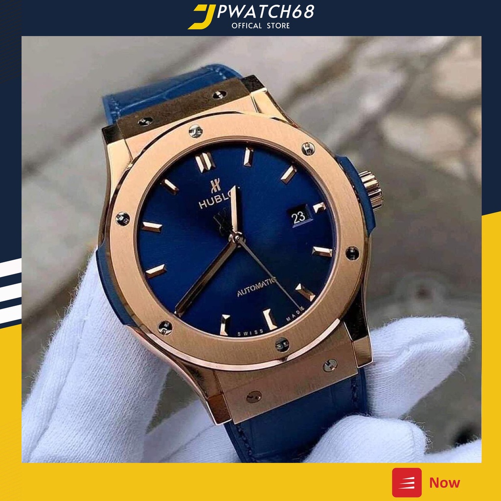 Đồng hồ Nam - Đồng hồ cơ Automatic máy Nhật, mẫu trơn màu xanh viền vàng, size 38mm-42mm