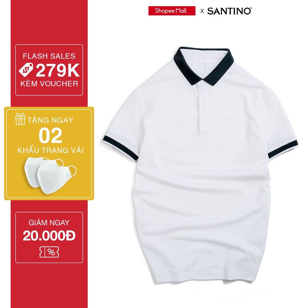 Áo Polo nam vải Cá Sấu SANTINO form chuẩn, màu trắng phối bo cổ, co giãn thoải mái, trẻ trung, chống nhăn - E001