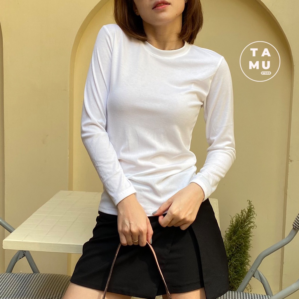 Áo thun tay dài nữ trơn kiểu dàng basic chất liệu thun gân màu sắc trắng đen đỏ - AT02