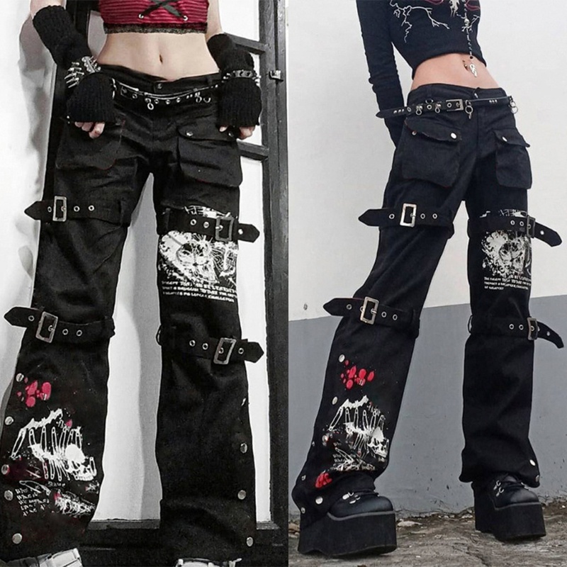 Quần jean baggy ống rộng lưng cao phối túi kèm thắt lưng phong cách Harajuku cho nữ
