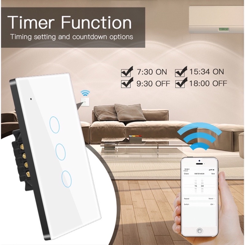 Công tắc Thông minh cảm ứng mặt kính Wifi Tuya - 2 nút màu đen