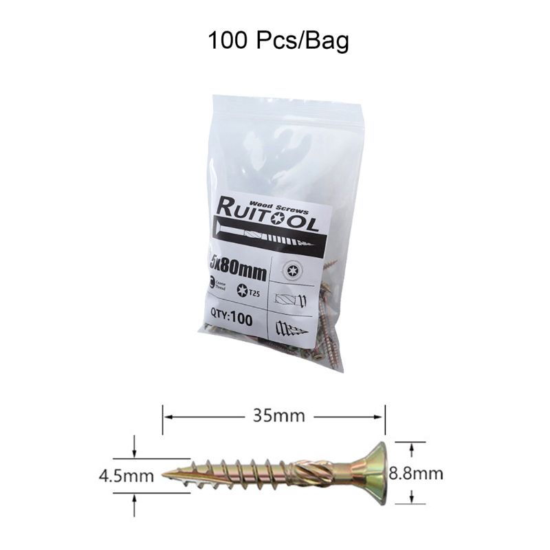 Set 100 Vít Gỗ T25 35 45 60 80mm Chuyên Dụng Cho Thợ Mộc