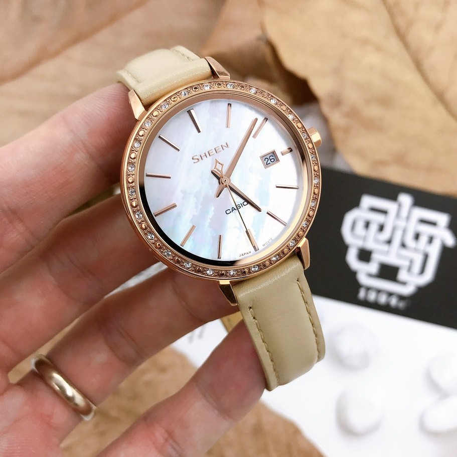 Đồng hồ nữ Casio SHEEN SHE-4052 / SHE-4052PGL-7B đính đá Swarovski, dây da thật, hàng chính hãng