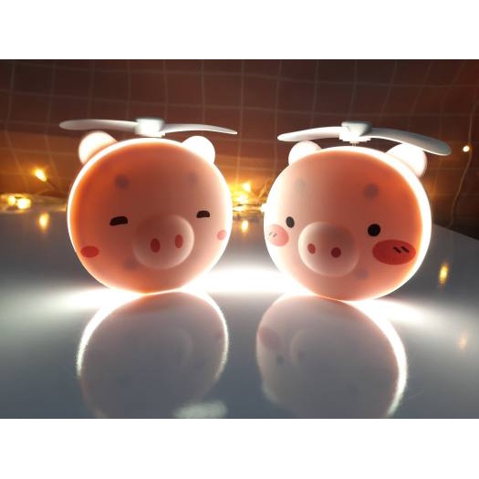 Quạt Mini Cầm Tay Pin Sạc có Đèn livestream hình heo cute có gương