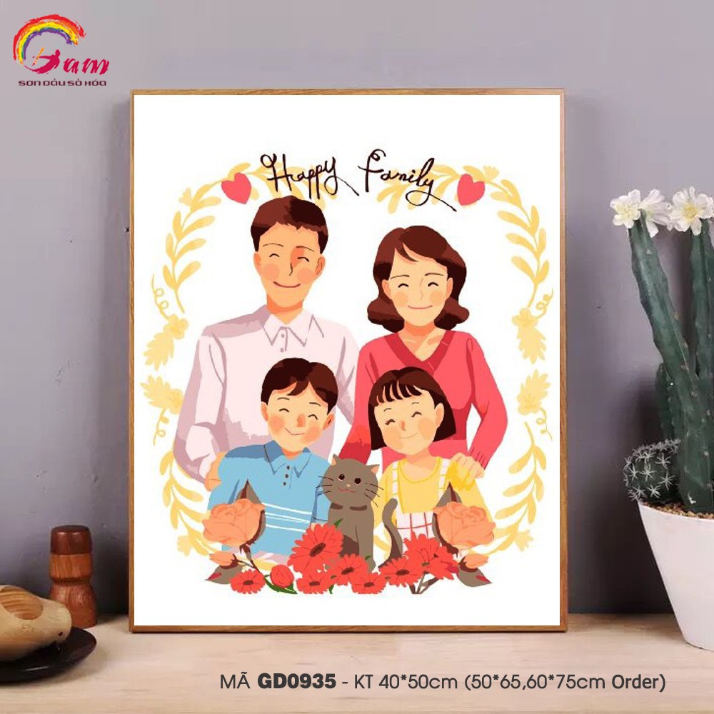 Tranh tô màu số hóa Tranh gia đình hạnh phúc cute đơn giản dễ vẽ GD0935 Happy family