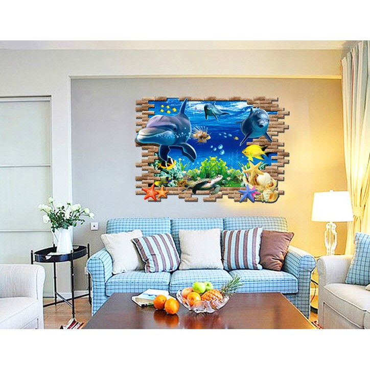 decal dán tường cửa sổ 3d cá heo