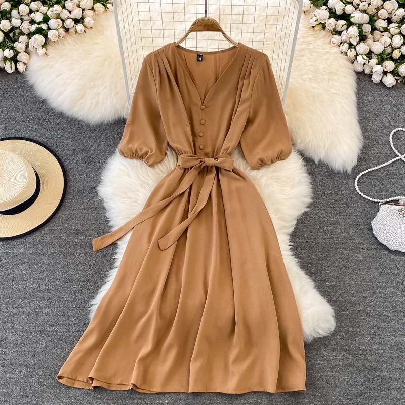 Đầm Tay Ngắn Cổ Chữ V Phong Cách Retro Thời Trang Mùa Hè Cho Nữ