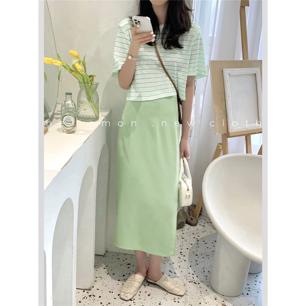Chân váy midi chất linen mềm dáng A nhẹ cạp khóa xẻ sau
