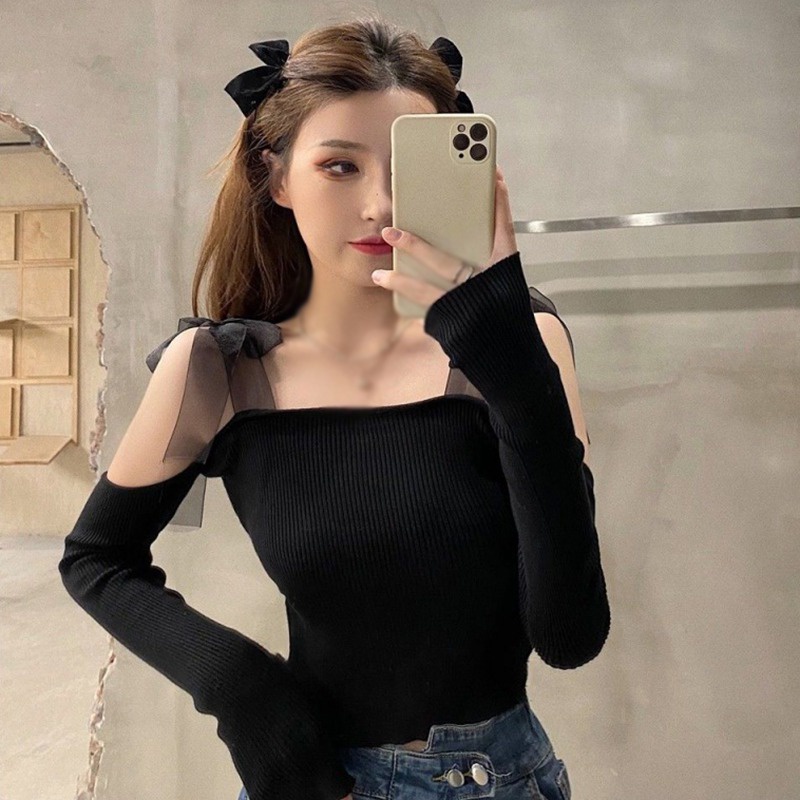 Áo Hai Dây Dệt Kim Màu Sắc Trơn Phối Lưới Đính Nơ Phong Cách Hàn Quốc Gợi Cảm Cho Nữ