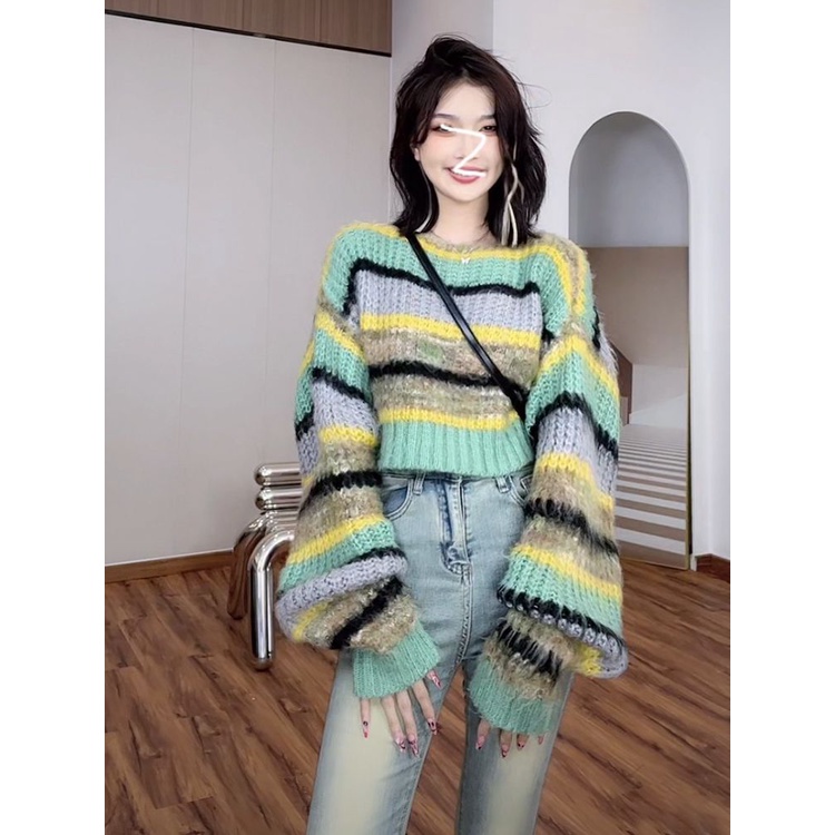 Áo Sweater Dệt Kim Dáng Rộng Cổ Tròn Kẻ Sọc Màu Sắc Tương Phản Dễ Thương