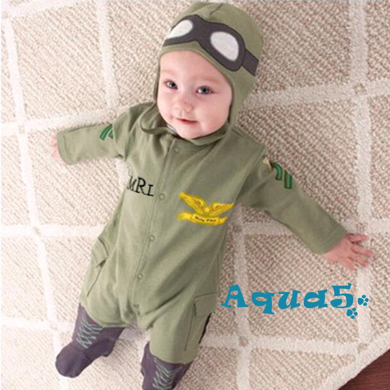 Set áo liền quần dài và mũ trùm đầu phong cách quân đội cá tính xinh xắn dành cho bé trai